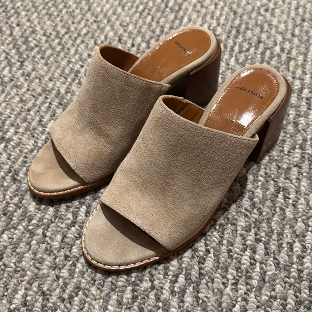 Aquatalia Suede Open-Toe Mules in Beige - Picture 2 of 7
